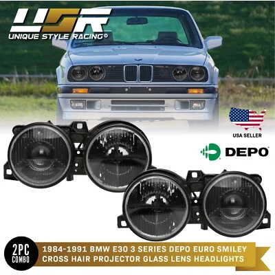 Glass Lens Smoke Effect Euro Crosshair Smiley Ellipsoid Headlights For BMW E30 - Image 1 of 4