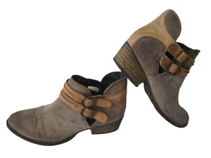 REBELS GRAY SUEDE TAN LEATHER 2 STRAP ANKLE BOOTIE WOMEN'S US 10 HOT - Picture 1 of 9