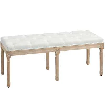 French Vintage End Bed Bench 117cm Button Tufted Wood Legs Thick Padding Cream - Image 1 of 4