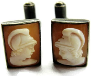 Roman Carved Stone/Shell Top Cufflinks Vintage Sterling Silver 925 Patina Shirt - Picture 1 of 10