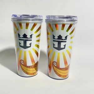 Royal Caribbean Coca Cola Tasse Kaltgetränk Becher (2) mit Deckel Gold & Weiß - Bild 1 von 6