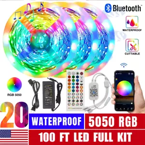 100ft 50ft LED Strip Lights 5050 RGB Bluetooth Color Change Remote for Rooms Bar - Picture 1 of 17