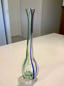 VINTAGE TALL BLUE AND GREEN STRIPED THICK ART GLASS BAUBLE HEAVY BASE VASE - Picture 1 of 8
