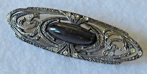 Vintage 2.75" W Bar Brooch Pin Black & Clear Stones Open Work Silver Tn - Picture 1 of 7