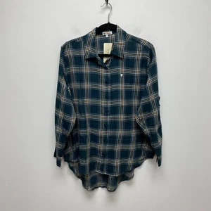 Sundry Evereve Womens Pine Green Tan Plaid Heart Long Sleeve Button Up Shirt XS - Picture 1 of 8