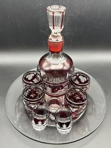 12 pc Vintage Czech Bohemian Ruby Cut To Clear 1 Decanter 9 Cups & Underplate - Picture 1 of 16