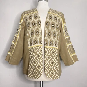 CHICO’S Open Front Linen Blend Beaded Embroidered Diamond Artisan Jacket - Picture 1 of 10