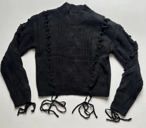 Pretty Damage Women’s Mock Neck Long Sleeve Lace Up Black Sweater Medium NWT - Picture 1 of 10