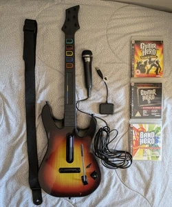 PS3 Guitar Hero World Tour: Sunburst Wireless Guitar, Dongle, 3x Games, Mic - Picture 1 of 8