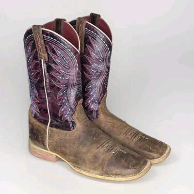 Ariat Kids 女孩 Vaquera 西部靴 风化 棕色 尺寸 US 4 紫色杆身 — 第 1/4 张图片