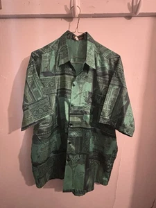 Vintage 80er-90er Thai Silk Collection Cityscape Print Seide Knopf T-Shirt Gr. L - Bild 1 von 8