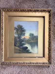 Vintage Signed Oil Painting by Clark – Lakeside Landscape Framed Tonalist Art - Bild 1 von 4