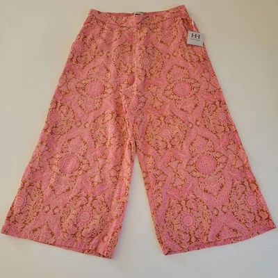 Nuevo con etiquetas Pantalones Haute Hippie 100% Lino Pierna Ancha Floral Boho Resort Rosa Naranja XL Foto 1 de 4