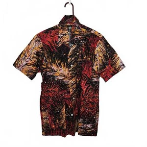 Vintage Batik Shirt Mens S Short Sleeve Button Up Black Red Orange Print - Imagen 1 de 8