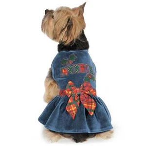 HOLLY DAYS Velvet Noel Dog Dress Deep Blue Festive Details Huge Plaid Bow Puppy - Picture 1 of 1