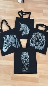 hand decorated animal tote bag black and white zebra turtle unicorn lion tiger - Picture 1 of 6