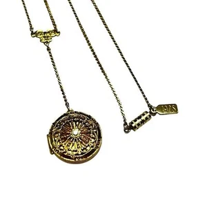 Vintage 1928 goldfarbenes langes Medaillon im Lariat-Stil mit Strass in der Mitte - Bild 1 von 8