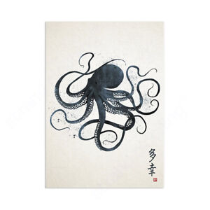 Japanese Octopus Calligraphy Wall Art Print Poster Gyotaku Tattoo Kanji Ukiyo-e