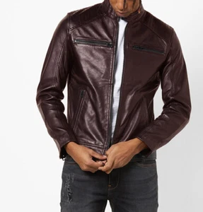 Leather Jacket Mens Biker Coat Motorcycle Vintage Men Bomber Lambskin Brown 78 - Picture 1 of 4