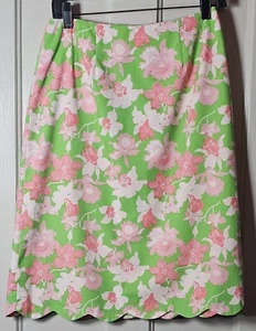 VTG Lilly Pulitzer Skirt Women 12 Green Pink Floral Lilies Hibiscus Scallop Hem - Picture 1 of 24