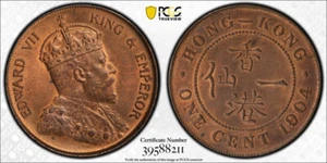 Hong Kong Edward VII bronze 1 cent 1904 H uncirculated PCGS MS64 RB - Picture 1 of 3