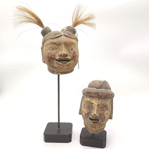 ANTIQUE BURMESE ANIMATED PUPPET HEAD LOT OF 2 ON STAND. No 8 & 9. PRE-OWNED - Picture 1 of 10
