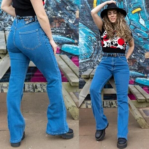 Run and Fly High Waist Flared Blue Denim Jeans Flares Bellbottoms Retro 70's - Photo 1/8