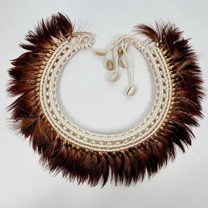 Vintage Statement Woven Collar Necklace Shell Feathers Beaded Native Boho Tribal - Picture 1 of 9