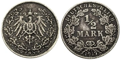 1917G German 1/2 Mark Silver Coin - Awesome Circulated Cameo - Key Date Coin - Image 1 of 3