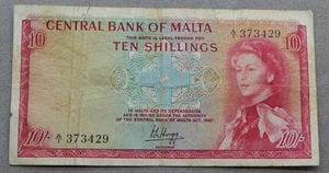 Malta 10 Shillings Papierschein 1967, schön zirkuliert! (Sehr guter Zustand 100 $) - Bild 1 von 2