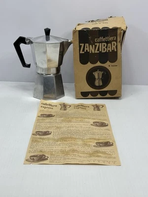 Cafetera espresso con tapa de estufa Zanzíbar de colección 6 tazas hecha en Italia caja original Foto 1 de 4