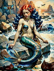 Mermaid of a Metallic Future 8.5x11" Photo Print Style of Gauguin / Harker Art - Picture 1 of 1