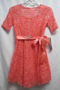 MY MICHELLE Girls Coral Sequin Lace Skater Dress Special Occasion Size 8 10 NWT - Picture 1 of 8