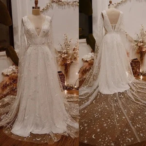 Stardust Glitter Star Celestial Wedding Dress Sparkle Star Dress Stars Moons - Picture 1 of 7