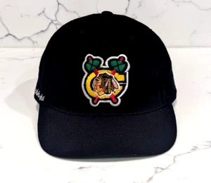 Vintage Chicago Blackhawks Hat Cap Fitted 7 3/8 Black Wool NHL Hockey - Picture 1 of 13