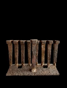RARE Judaica Iron Brutalist hand Made Midcentury Railroad Spike & Rail Menorah - Bild 1 von 16