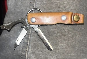 Vintage Bassett Multi-Tool Pocket Knife with Leather Key Chain Sheath. - Picture 1 of 4