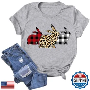 Easter Shirts for Women Happy Bunny Eggs Plaid Leopard Printed T-Shirt Short - Picture 1 of 5