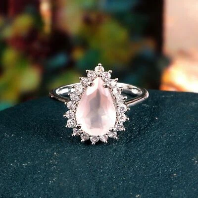 Rose Quartz Ring Pear Halo Art Deco Statement Promise Dainty 925 Sterling Silver - Image 1 of 4