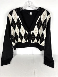 Divided By H&M Women's L Cropped Cardigan Argyle Knit Brown Sweater - Picture 1 of 13
