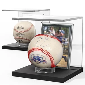 Baseball Display Stand and Card Holder, Acrylic Baseball Stand with Black Bas... - Picture 1 of 5