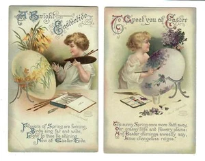 Vintage Clapsaddle Ostern Postkarten (4) Kinder bemalen Blumen auf großen Eiern - Bild 1 von 4