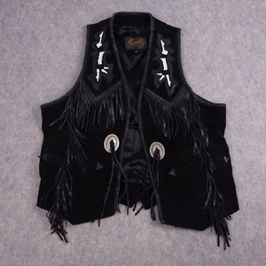 Gilet vintage Scully biker pelle scamosciata concho perline frange western rodeo nero 42 - Foto 1 di 10