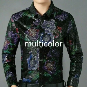 Men Velvet Printed Blouse Shirts Flower Pleuche Tops Formal Casual Business NR9 - Picture 1 of 14