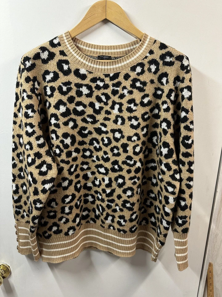Suéter Tejido Talbots Mezcla Lana Merino Estampado Leopardo Talla 2X Puño Botón Dorado Foto 1 de 4