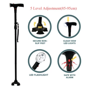 Retractable Crutch LED Walking Cane Adjustable Alarm Walking Stick Travel Cane - Picture 1 of 23
