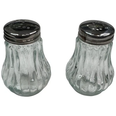 Vintage Glass Ribbed Fluted Metal Lids Clear Diner Style Salt and Pepper Shakers - Image 1 of 4