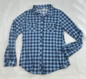 Passport Juniors Button Down Long Sleeve Plaid Flannel Shirt Pockets Blue L - Picture 1 of 7