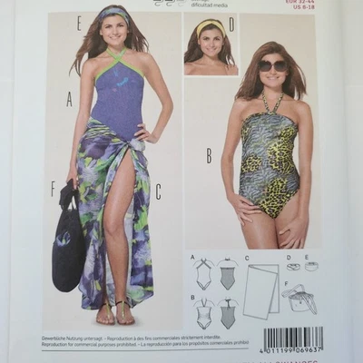 Traje de baño de una pieza para mujer años 90 patrón Burda 6963 pareo 6 8 10 12 14 18 Foto 1 de 3