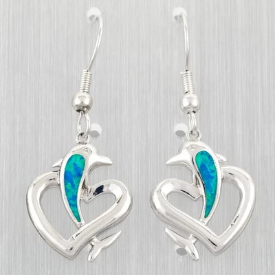 Dolphin Heart Ocean Blue Fire Opal Silver Jewelry Dangle Drop Earrings - Image 1 of 4